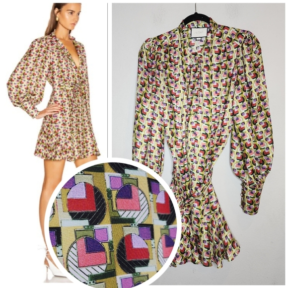 Alexis Mirene Belted Dress Puff Sleeves Button Front Green Pink Purple Geo Small - Picture 1 of 16